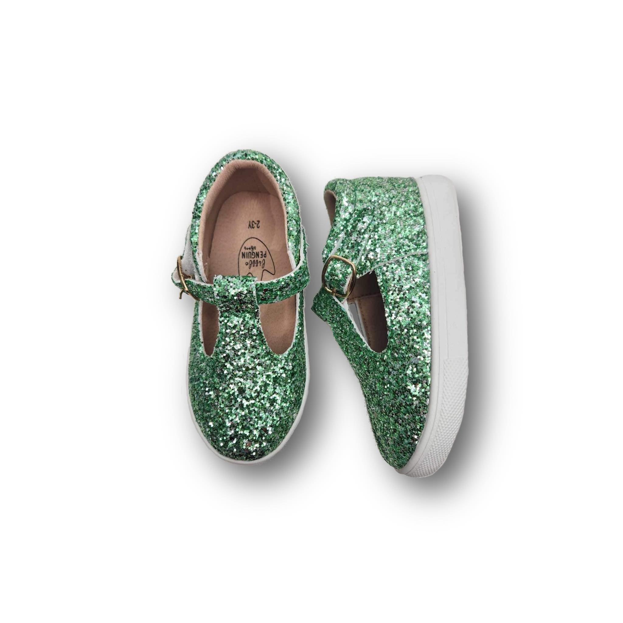 AUBREIGH PLAY Children's T-Strap Sneaker in Green Sparkles
